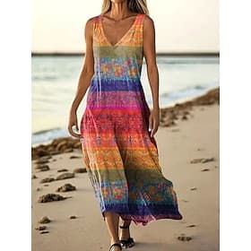 Women's Long Dress Maxi Dress Casual Dress Tank Dress Summer Dress Fashion Daily Beach Holiday Regular Fit Floral Sleeveless V Neck Blue Light Green Pink Red S