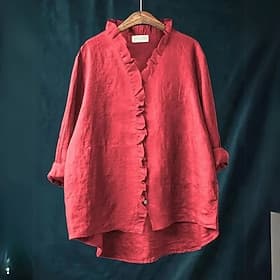Women's Linen-feel Shirts Blouse Buttons Solid Color Elegant Casual Long Sleeve V Neck Regular Tops Daily Holiday Blue White Yellow Red Beige Summer Fall