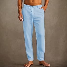 Men's Linen Pants Trousers Summer Pants Beach Pants Pocket Plain Comfort Breathable Vacation Daily Holiday Hawaiian Boho White Sky Blue