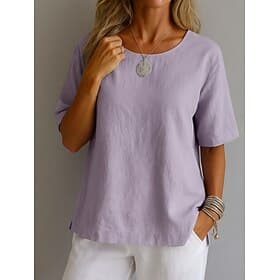 Women's Shirt White Cotton Top Solid Color Elegant Vintage Basic Short Sleeve Crew Neck Regular Tops Daily Going out Weekend White Yellow Pink Purple Green Sum