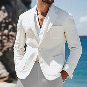 Men's Linen Blazer Sport Coat Casual Daily Vacation Fashion Summer Spring Linen Cotton And Linen Solid Color Comfy Single Breasted Two-button Blazer White Beig