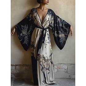 Women's Long Dress Maxi Dress Boho Dress Casual Dress Swing Dress Vacation Dress Fashion Modern Daily Holiday Beach Regular Fit Floral Long Sleeve V Neck Wine