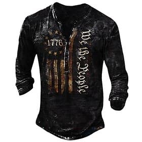 Men's T shirt Tee Henley Shirt Tee Basic Classic Casual Shirt Graphic American Flag 1776 Long Sleeve Shirt Black Red Navy Blue Street Casual Daily Henley Sprin