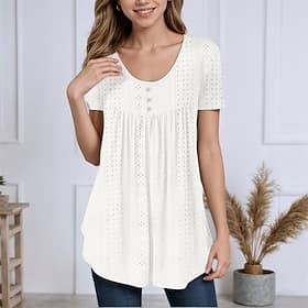 Women's Texture Blouse Eyelet Top Pointelle Tee Tunic Eyelet Buttons Asymmetrical Plain Stylish Casual Short Sleeve Crew Neck Long Tops Casual Daily Beach Whit