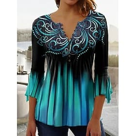 T-shirt pour femmes col en V ombragé floral graphique élégant manches 3/4 réguliers pour sortir quotidiennement boutons vert gazon noir et gris bleu violet ver