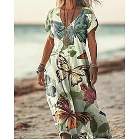 Damen Midikleid Blumenkleid Druckkleid Klassisch Modern Urlaub Ferien Wochenende Normale Passform Blume Kurzarm V Ausschnitt Gelb Grün Khaki Aprikose Sommer