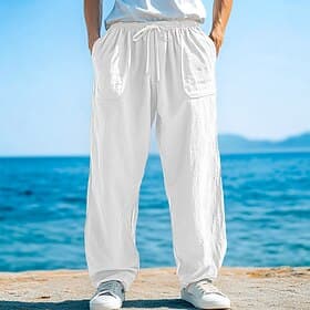Men's Cotton Linen Pants Trousers Casual Pants Summer Pants Baggy Pants Drawstring Front Pocket Straight Leg Plain Comfort Soft Full Length Beach Gym Yoga Vaca