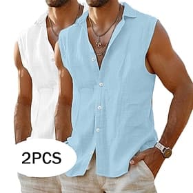 Per uomo Camicia Camicia di lino Camicia Estiva Abbigliamento da spiaggia Camicia con Bottoni Maglietta senza maniche Semplice Vacanza Crociera Bianco  rosa Pi