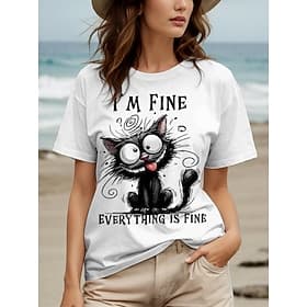 Women's T Shirt Print Graphic Animal Cat Vintage Stylish Classic Short Sleeve Crew Neck Round Neck Regular Tops Daily Weekend Blue Black White Red Purple Summe