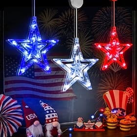 3 Pcs Patriotic Hanging Lights for 4th of July Independence Day 250th Anniversary Memorial Day, Pentagram Suction Cup Decorative Lights Party Patriotic Decorat
