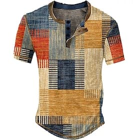Herren Graphic Plaid Farbblock Waffel-Henley-Hemd Kurzarm 3D-Druck Vintage Modisch Designer Outdoor Täglich Sommer Gelb Rote Blau Grün Dunkelblau Henley Henley