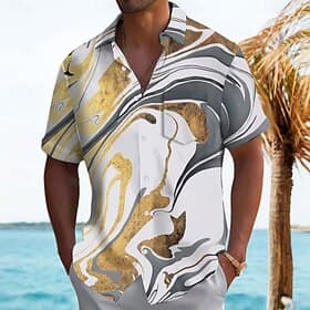 Men's Geometric Abstract Marble Shirt Summer Shirt Button Up Shirt Short Sleeve Fashion Casual Outdoor Vacation Dailywear Summer Spring Turndown 3D Print Colla thumbnail 2