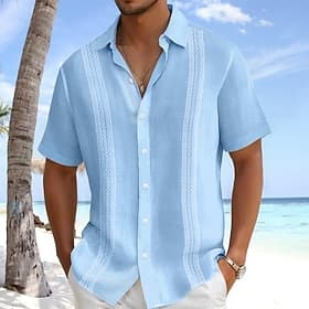 Homme Chemise en lin Chemise Guayabera Tenue de plage Chemise Boutonnée Texturé Vacances Occasionnel Blanche Bleu Vert Gris Manche Courte Col Rabattu Été Print