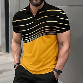 Men's Geometic Line Polo Short Sleeve Polo Shirts Collared Shirts Casual Athleisure Buttons Summer Yellow