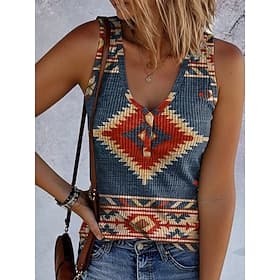 Women's Camisole Tank Top Print Graphic Geometric Vintage Stylish Ethnic Sleeveless V Neck Regular Tops Daily Blue Red Dusty Blue Summer Spring