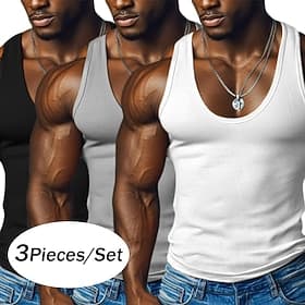 3 PACK Men's Tank Top Undershirt Sleeveless Shirt Wife Beater Shirt Sleeveless Round Neck Deep U Scoop Neck Summer Solid Color Pit Strip Fashion Designer Sport