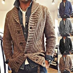 Men's Sweater Cardigan Sweater Cable Knit Regular Tops Knitted Plain Shawl Collar Modern Contemporary Casual Casual Daily Wear Clothing Apparel Fall Winter Bla
