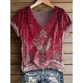 Women's T Shirt Print Graphic Paisley Vintage Stylish Classic Short Sleeve V Neck Regular Tops Daily Black Red Orange Violet Gray Summer Spring