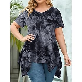 Women's Plus Size Tops Blouse Tie Dye Print Short Sleeve V Neck Fashion Streetwear Daily Weekend Polyester Summer Wine Purple