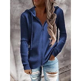 Women's Sweater Cardigan Sweater Vacation Fashion Streetwear Solid Color Ribbed Hooded Zipper Knitted Long Sleeve Regular Tops Knit Daily Outdoor Weekend Blue