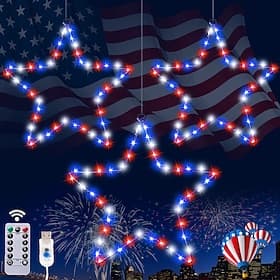 1 Pc Patriotic Hanging Lights Wrought Iron Red, White, Blue Five Pointed Star for 4th of July Independence Day 250th Anniversary Memorial Day, Courtyard Balcon