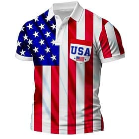 4th of July 2026 250th Men's American US Flag Zip Polo Shirts Short Sleeve Polo Shirts Collared Shirts Casual Athleisure Daily Wear 3D Print Summer Blue