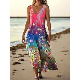 Women's Long Dress Maxi Dress Casual Dress Tank Dress Summer Dress African Daily Beach Holiday Regular Fit Floral Color Block Sleeveless V Neck Blue Yellow Red