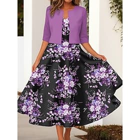 Femmes Robe Ensemble Robe Midi Vacances Fête Fleuri Imprimé Robe Midi Manche 3/4 Col ras du cou Quotidien Bleu Jaune Violet Printemps Automne Coupe régulière