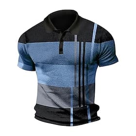 Men's Waffle Polo Shirts Textured Casual Vacation Lapel Short Sleeves Fashion Plaid / Striped / Chevron / Round Print Summer Dry-Fit Yellow Light Purple Waffle