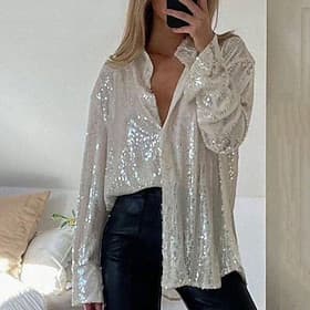 Women's Sequin Sparkly Party Glitter Sequins Sparkly Daily Stylish Long Sleeve Shirt Collar Regular Tops Daily Holiday Blue Silver Black Pink Apricot Spring Fa