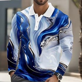 Men's Geometic Marble Polo Long Sleeve Polo Shirts Lapel Casual Athleisure Daily Wear 3D Print Buttons Spring Fall Winter Blue Purple