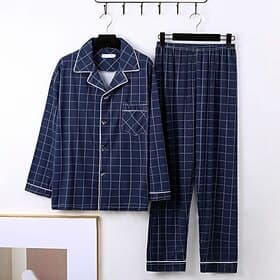 Men's Sleepwear Pajama Set Pajama Top and Pant 1 set Plaid Fashion Stylish Classic Home Daily Bed Polyester Comfort Soft Breathable Lapel Long Sleeve Shirt Pan thumbnail 2