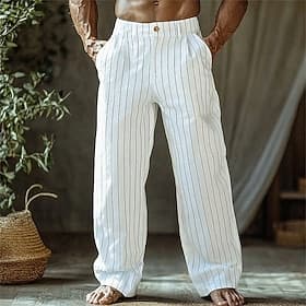 Men's Linen Pants Trousers Summer Pants Beach Pants Pocket Straight Leg Striped Comfort Breathable Vacation Daily Holiday Hawaiian Boho Black White