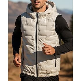 Men's Solid Colored Running Vests Puffer Vest Fall / Winter Pockets Zip Up Hooded Sleeveless Athleisure Packable Warm Lightweight Water Resistant Fishing Hikin