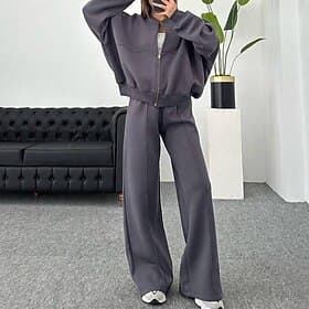 Women's Tracksuit Sweatpants Lounge Outfits Zip Up Pocket Solid Colored Clothing Suit Fall  Winter Black White Gym Training Running High Waist Windproof Light
