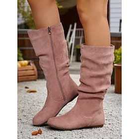 Women's Pink Mid Calf Flat Boots with Side Zipper Casual Slouch Boots for Autumn Days, Country Homes and Outdoor Errands