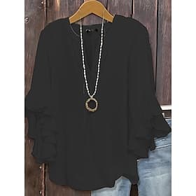 Women's Texture Blouse Blouse Ruffle Solid Color Elegant 3/4 Length Sleeve V Neck Regular Tops Daily Black White Pink Army Green Spring Fall