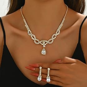 Bridal Jewelry Sets Two-piece Suit Zircon Imitation Diamond 1 Necklace Earrings Women's Fashion Sweet Lovely Hollow Out Love Precious Diamond Water Drop Jewelr