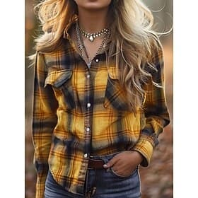Women's Shirt Buttons Print Graphic Plaid Vintage Tropical Daily Long Sleeve Shirt Collar Regular Tops Daily Work Blue Yellow Red Purple Green Spring Fall