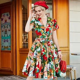 1950s Retro Vintage Knee Length Swing Dress Flare Dress Shirt Dress With Belt Button Down Floral Fancy Dress Women's Vacation Daily Wear Retro Theme Party Adul