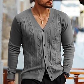 Men's Cardigan Sweater Cardigan Cropped Cardigan Sweater Cropped Sweater Ribbed Cable Knit Cropped Knitted Basic Solid / Plain Color V Neck Daily Wear Family G