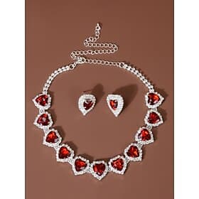 Women's Red Heart Crystal Necklace and Earrings Set - Elegant Silver-Plated Jewelry for Weddings, Parties, and Formal Events
