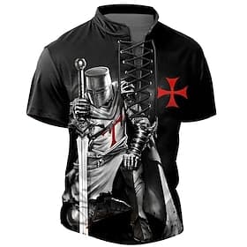 Men's Crusaders Knights Templar Gothic Horror Henley Shirt T shirt Tee Short Sleeve T shirt 3D Print Crew Neck Lace Up Neck Henley Shirt Casual Street Sports O