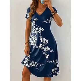 Damen Minikleid Freizeitkleid T-Shirt-Kleid Sommerkleid A Linie Kleid Urlaub Lässig Boho Strand Normale Passform Blumen Grafik Kurzarm V Ausschnitt Blau Schwar