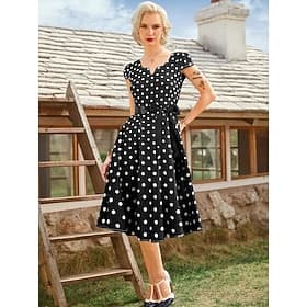 1950s Retro Vintage Rockabilly Knee Length Swing Dress Flare Dress Cap Sleeve With Belt Polka dots Fancy Dress Women's Carnival Masquerade Tea Party Casual Dai