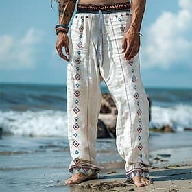 Men's Linen Pants Trousers Summer Pants Beach Pants Patchwork Elastic Waist Straight Leg Geometric Comfort Breathable Full Length Casual Daily Holiday Vacation