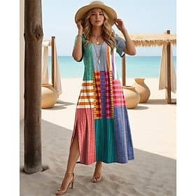 Women's Maxi Dress Shift Dress Sundress T Shirt Dress Tee Dress Vacation Casual Beach Beach Party Regular Fit Geometric Stripe Short Sleeve Crewneck Blue Yello