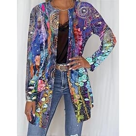 Women's Casual Jacket Comfortable Breathable Pocket Open Front Casual Boho Vintage Floral Casual Daily Wear Open Front Long Crewneck Regular Fit Long Sleeve Ou