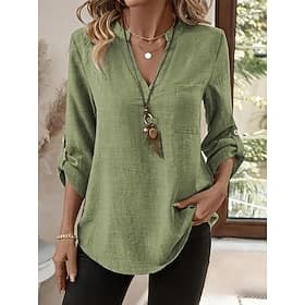 Women's Cotton Linen Shirts Buttons Solid Color Stylish Casual Long Sleeve V Neck Regular Tops Daily Blue Purple Green Khaki Beige Summer Spring