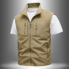 Men's Vest Gilet Outdoor Daily Fashion Casual Spring Fall Pocket Polyester Comfortable Plain Zipper Stand Collar Regular Fit Black Khaki Army Green Dark Blue V